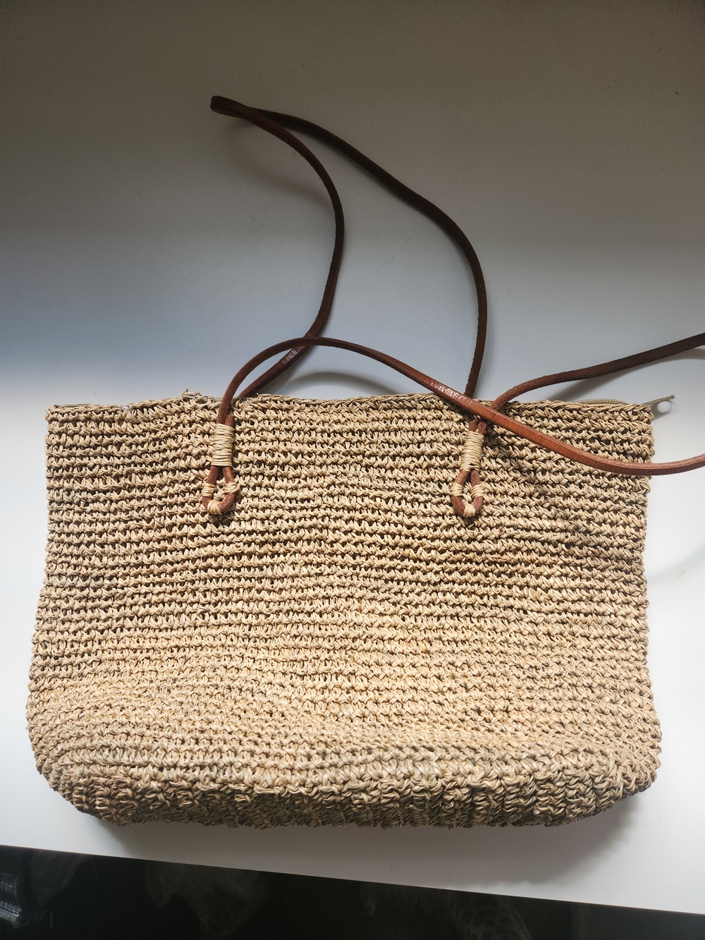 Woven Straw Tote Bag with Brown Leather Straps